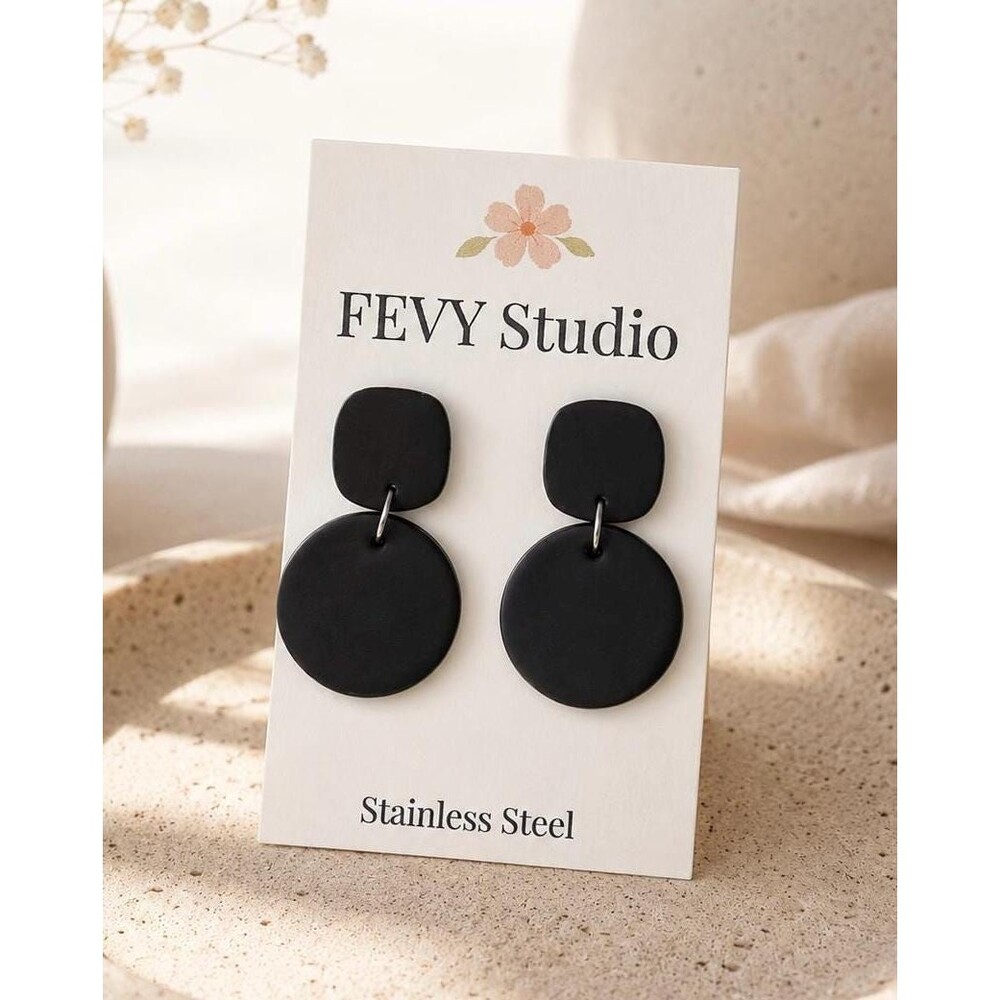 Matte Black Geometric Dangle Earrings, Polymer Clay Statement Jewelry